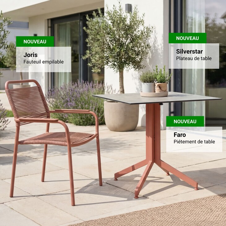 Joris Fauteuil empilable, Faro Pietement de table und Silverstar Plateau table