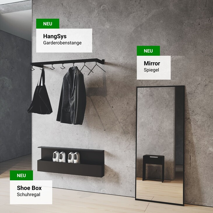 HangSys Garderobenstange, Mirror Spiegel und Shoe Box Schuhregal