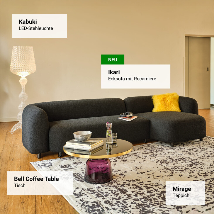 Peco Lounge Sessel, Costanza Stehleuchte und Smilla Bio-Baumwolldecke