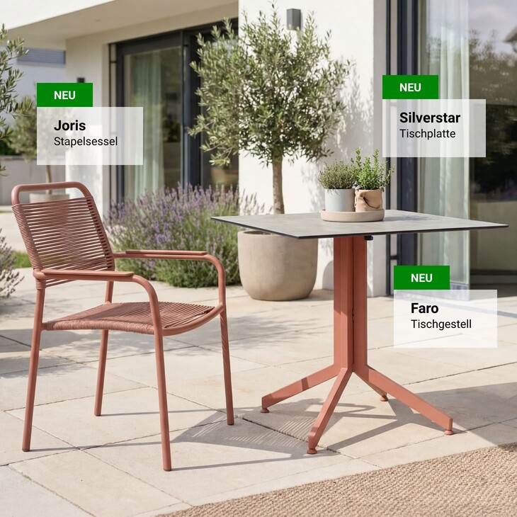 Joris Stapelsessel, Faro Tischgestell und Silverstar Tischplatte