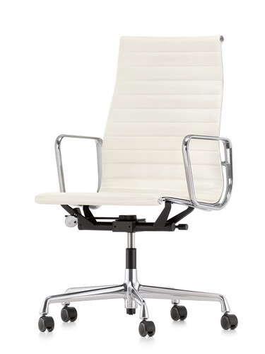 Bürodrehsessel Alu-Chair hoher Rücken | Gestell: Aluminium, verchromt / Leder, weiß | mit Teppichrollen