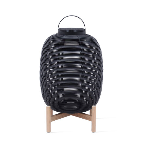 LED-Solarlaterne Tika mit Fuß, H 69 cm, Ø 47 cm | schwarz/Teak