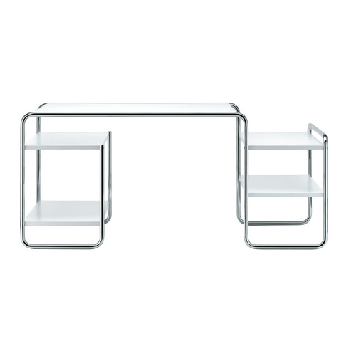 Thonet Schreibtisch S285 mit Fachböden | Esche offenporig weiß decklackiert; Gestell: verchromt